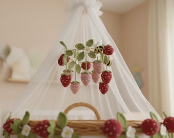 Crochet Strawberry Baby Mobile – Handmade Crib Mobile with Bees & Flowers, Strawberry Nursery Decor, Baby Shower Gift