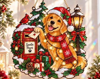 Golden Retriever Christmas Suncatcher, Santa Paws Dog Ornament, Stained Glass Dog Window Decor, Golden Retriever Gift, Dog Lover Gift