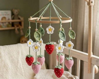 Crochet Strawberry Baby Mobile – Handmade Crib Mobile with Flowers, Strawberry Nursery Decor, Baby Shower Gift