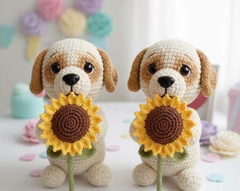 Handmade Crochet Dog Plush – Amigurumi Puppy with Sunflower, Crochet Dog, Gift For Lover Dog, Gift For Friends