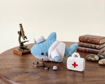 Doctor Shark Crochet Plush - Handmade Amigurumi Shark Doctor in White Coat, Cute Medical Gift
