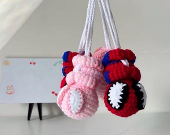 Crochet Hero-Inspired Gloves Keychain – Handmade Plush Mini Bag Charm, Cute Red & Pink Soft Yarn Gift for Fans