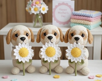 Handmade Crochet Dog Plush – Amigurumi Puppy with Daisy, Crochet Dog, Handmade Puppy, Gift For Lover Dog, Gift For Friends