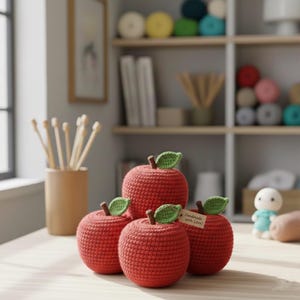 May include: Four red crocheted apples with green leaves and brown stems are arranged on a table. One apple has a tag that reads "Handmade with Love!". The background includes a wooden shelf with yarn and a small doll.