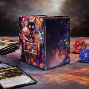 May include: A vibrant card storage box with a fantasy art design. The box features a black cat and various whimsical creatures. Red and blue dice are next to the box, with a few cards in the foreground.