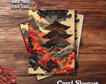 May include: Card sleeves with a Japanese pagoda design, showcasing autumn colours of red, orange, and brown. The sleeves measure 66mm x 91mm. The text "Card Sleeves" is displayed at the bottom.