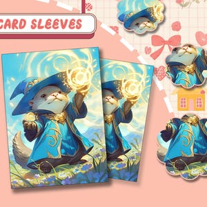 May include: Card sleeves with an illustration of an otter wizard in a blue robe and hat, holding glowing orbs. The image includes multiple card sleeves and die-cut stickers with the same design. The text "CARD SLEEVES" is displayed at the top.