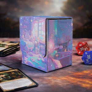 May include: A square card storage box with a whimsical illustration of a bedroom scene in shades of purple, blue, and pink. The box features a magnetic closure and is decorated with stars, clouds, and plush toys. Two dice and a few playing cards are in the foreground.