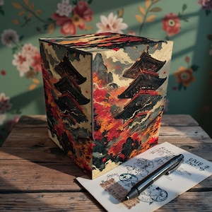 May include: A decorative box with a Japanese-style landscape design featuring pagodas, mountains, and autumn foliage in shades of red, orange, and brown. A black pen rests on a piece of paper with illustrations and text.