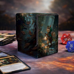Peut inclure: Un étui pour jeu de cartes avec une illustration fantastique d'un écureuil tenant une lanterne dans une forêt. La boîte est sombre avec une scène de forêt sur les côtés. Des dés et des cartes à jouer sont au premier plan.