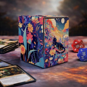 MTG Deck Box – Cat in Floral Night Custom Storage for Magic Cards Commander