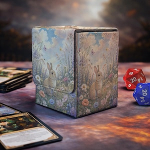May include: A rectangular deck box featuring a printed illustration of two rabbits sitting in a field of wildflowers under a blue sky with clouds. The box has a textured surface and a magnetic flap closure, displaying soft pastel colors throughout.