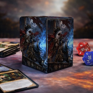 May include: A rectangular card deck box featuring a fantasy illustration of a shark wearing a pirate hat and red cape, firing a glowing blue magical cannon on a ship deck. The box is positioned near a red twenty-sided die and a blue twenty-sided die.