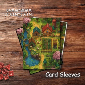 May include: A rectangular card sleeve featuring a pixel art farm scene with a house, barn, garden, stream, and animals. The sleeve measures 66mm by 91mm. The text 66MM*91MM (2.6IN*3.6IN) and Card Sleeves are visible on the image.