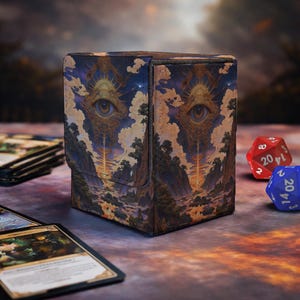May include: A rectangular deck box for trading cards featuring a surreal illustration of a large, golden, ornate eye floating in a cloudy sky above a mountainous landscape. The box is positioned next to a stack of cards and two polyhedral dice.