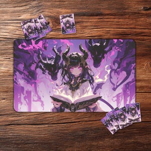 May include: A gaming mat and card set featuring a fantasy illustration. The mat displays a character with horns and purple eyes reading a book, surrounded by dark figures and purple hues. Several matching card sleeves are also visible.