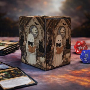 May include: A square deck box featuring a printed illustration of two white ghosts wearing black bow ties and reading books. The scene includes black cats, pumpkins, and bats in a room with a round window. A red and a blue twenty-sided die sit nearby.