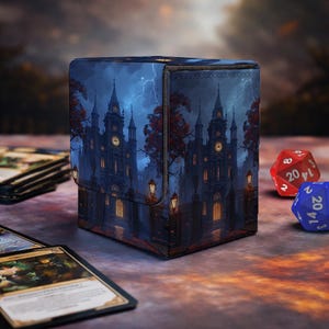 May include: A square deck box featuring a dark, gothic cathedral illustration with glowing yellow windows, red-leafed trees, and a stormy blue sky with lightning. The box is positioned next to a red twenty-sided die, a blue twenty-sided die, and playing cards.