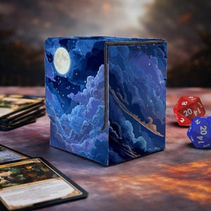 May include: A blue card storage box with a night sky design featuring a full moon, clouds, and stars. The box is open, revealing a black interior. Two dice and a few cards are next to the box.