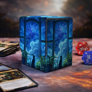 May include: A rectangular deck box featuring a blue night sky illustration with shooting stars, clouds, and arched windows. Silhouettes of two cats sit among potted plants on the windowsill. The box is positioned near playing cards and dice.