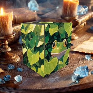 Op de afbeelding: Een kubusvormige doos met een groene kikker die door groene bladeren kijkt. De doos heeft een grillig ontwerp met een cartoonkikker en bladeren. De achtergrond bevat kaarsen, boeken en kristallen, wat een mystiek thema creëert.