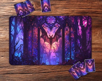 TCG Playmat: Bat in Stained-Glass Window – 24"x14" Custom TCG Mat for Card Games