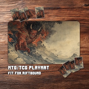 May include: A rectangular playmat featuring a red, horned demon figure emerging from a dark, turbulent wave, surrounded by scattered rocks. The design includes smaller matching cards. The text reads MTG/TCG PLAYMAT FIT FOR RIFTBOUND.