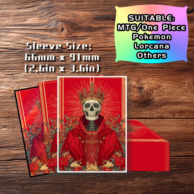 May include: Card sleeves featuring a skeletal figure in a red robe and crown, with a red background and floral accents. The sleeves are 2.6 x 3.6 inches and suitable for MTG, One Piece, Pokemon, Lorcana, and other card games.