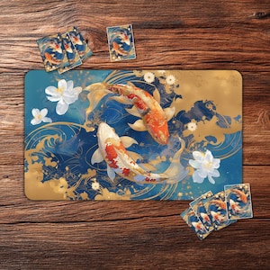 TCG Playmat – Koi with Floral Decor MTG Mat, 24"x14" Playmat