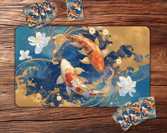 Tapete de juego TCG – Koi con decoración floral, tapete MTG, 61 x 35,5 cm.