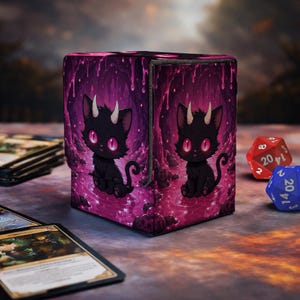 May include: A square deck box featuring a repeating illustration of a small black cat with horns and bright pink eyes, set against a dark purple and pink cavernous background with dripping liquid elements and rocky textures on the exterior surfaces.