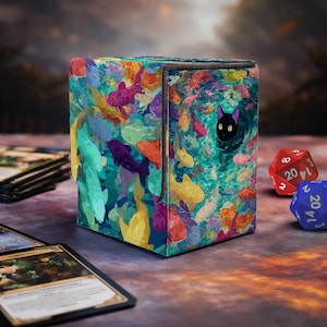 May include: A cube-shaped card storage box with a colorful fish design. The box features a black cat peering out from a turquoise background. Red and blue dice are visible, along with playing cards.