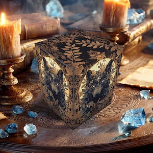 Op de afbeelding: Een zwart en goudkleurige decoratieve kubus met een wolf illustratie en bloemenpatroon. De scène bevat kaarsen, boeken en kristallen, wat een mystieke sfeer creëert. De kubus staat op een houten tafel.