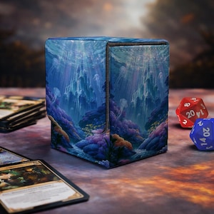May include: A rectangular deck box featuring an underwater scene with a tall castle structure, coral reefs in shades of blue, purple, and orange, and jellyfish swimming in the water. The box is positioned next to playing cards and two dice.