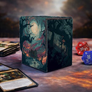 May include: A cube-shaped card storage box with a fantasy forest scene. The box features a full moon, a haunted house, and silhouetted trees. Two dice and a few cards are visible in the foreground.