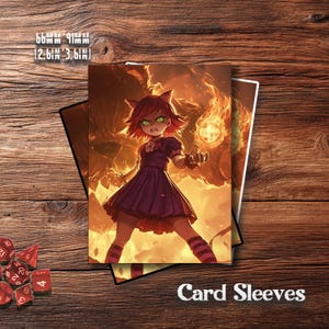 May include: Card sleeves featuring a fiery anime-style illustration of a girl with red hair, green eyes, and cat ears, dressed in a purple dress. The sleeves measure 2.6 inches by 3.6 inches. The text "Card Sleeves" is at the bottom.