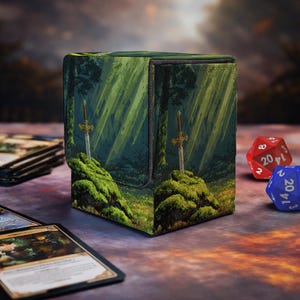 Könnte beinhalten: Eine rechteckige Deck-Box mit einem aufgedruckten Waldmotiv, das zwei in moosbewachsene Felsen gesteckte Schwerter zeigt. Die Box ist in Dunkelgrün- und Brauntönen gehalten, durch die Lichtstrahlen fallen. Ein roter und ein blauer Würfel liegen daneben.