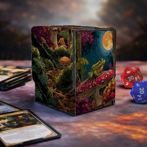 May include: A decorative card storage box with a fantasy forest scene. The box features a frog on a mushroom under a full moon. The box is surrounded by playing cards and dice.