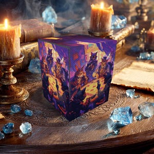 May include: A cube-shaped storage box with a colorful illustration of cats playing poker. The box is set on a wooden table with lit candles, books, and blue crystals. The artwork features cats in formal attire.
