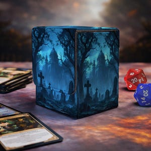 May include: A rectangular deck box featuring a dark blue, atmospheric graveyard scene with silhouettes of tombstones, crosses, and trees under a moonlit sky. The box has a textured surface and a flap closure, positioned near playing cards and two dice.