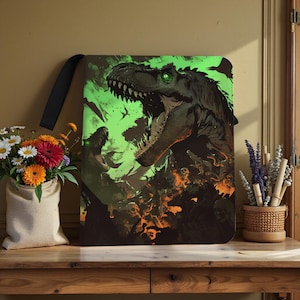 May include: Black tote bag featuring a fierce Tyrannosaurus Rex illustration with a green and orange color scheme. The design includes a roaring dinosaur, a figure, and a fiery background. The bag has a black strap.