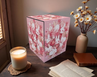 Puede incluir: Lámpara cúbica rosa con un estampado repetido de conejos blancos y flores rojas. La lámpara está sobre una superficie de madera oscura, junto a una vela encendida, un jarrón con flores y un libro abierto.