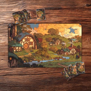 May include: A playmat featuring a detailed illustration of a village with round-door houses, a river, and rolling hills under a sunset sky. Several matching game cards are scattered around the mat, all on a wooden surface.