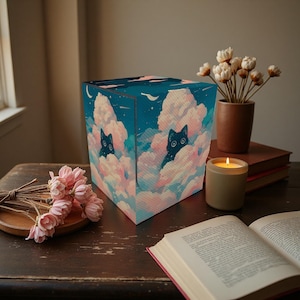 May include: A cube-shaped decorative box featuring a whimsical design of black cats peeking out from fluffy pink and white clouds against a dark blue night sky. The box is placed on a wooden surface with a lit candle and an open book.