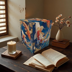 May include: A cube-shaped lamp with a koi carp design in orange, white, and gold on a blue backdrop. It sits on a dark wooden table, alongside a lit candle and an open book. A small vase with flowers is also visible.