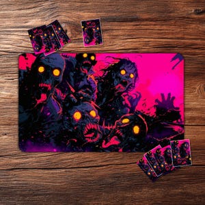 May include: A gaming mat and card set featuring a zombie-themed illustration. The mat has a vibrant pink background with a group of zombies with glowing yellow eyes. Several matching cards are also visible.