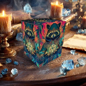 May include: A colorful cube-shaped box featuring a raccoon design with a mystical theme. The raccoon is depicted with blue eyes and holding a glowing symbol. The box has a vibrant mix of colors, including teal, orange, and pink, and is surrounded by candles and crystals.