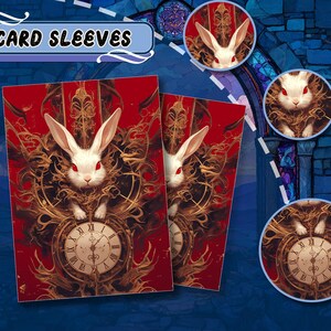 May include: Card sleeves with a red background featuring a white rabbit with red eyes, a pocket watch, and ornate gold detailing. The text "CARD SLEEVES" is in a blue banner at the top. The design is repeated on the card sleeves.