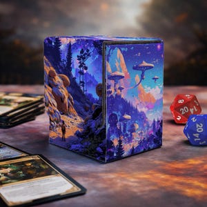 Könnte beinhalten: Ein würfelförmiger Kartenhalter mit einem Fantasy-Landschaftsdesign in Lila, Blau und Orange. Das Kunstwerk zeigt einen Weg durch eine bergige Region mit pilzförmigen Strukturen. Würfel und Spielkarten sind ebenfalls sichtbar.