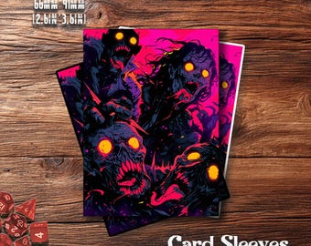 Może przedstawiać: Koszulki na karty z neonową ilustracją postaci zombie z świecącymi oczami i otwartymi ustami. Koszulki mają wymiary 66 mm x 91 mm. Tekst "Card Sleeves" jest wyświetlany na dole.